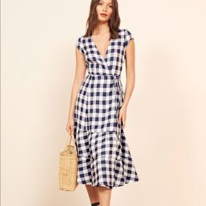 Reformation Calista Gingham Linen Midi Wrap Dress